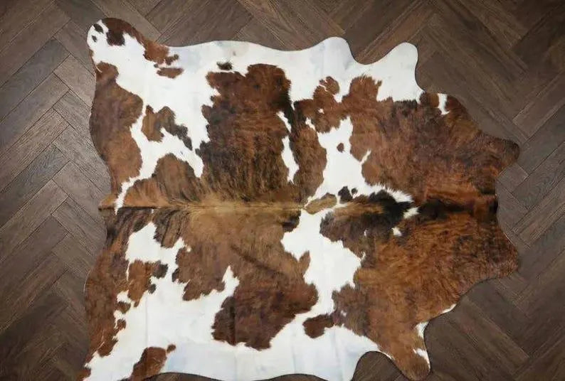 Premium Brown & White Genuine Cowhide Rug | Luxury Natural Cow Skin Leather Carpet