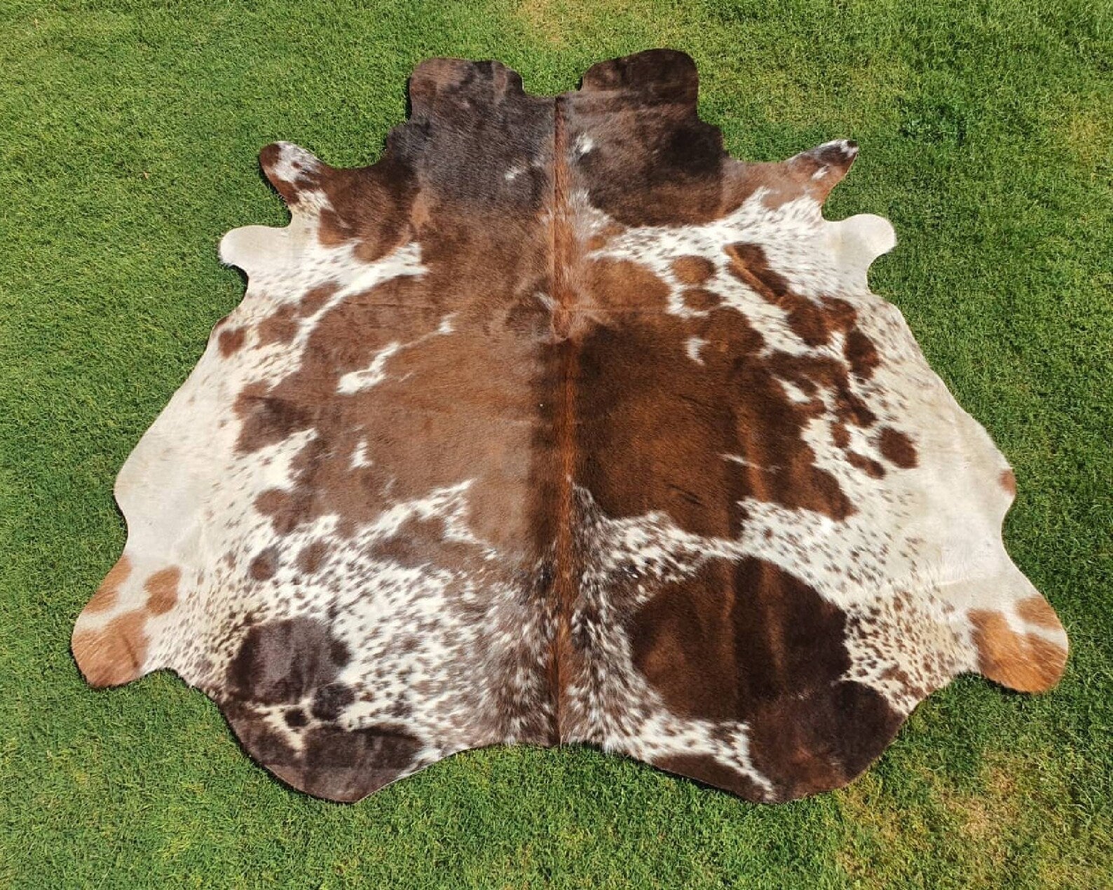 Brown Panda Print cowhide, Tricolor animal skin- Brown and white leather rug