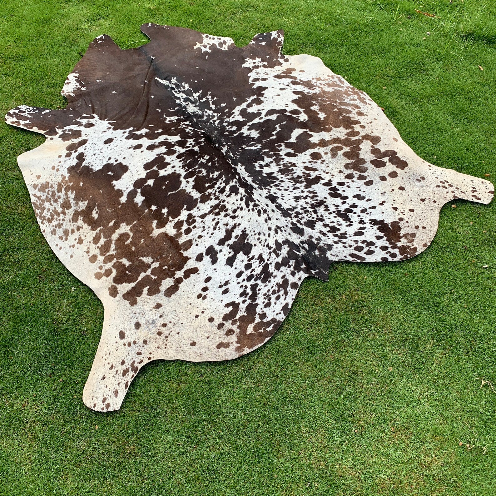 Amazing Tricolor Cowhide Rug | Tricolor Cow Rug | Tricolor brown and white leather rug