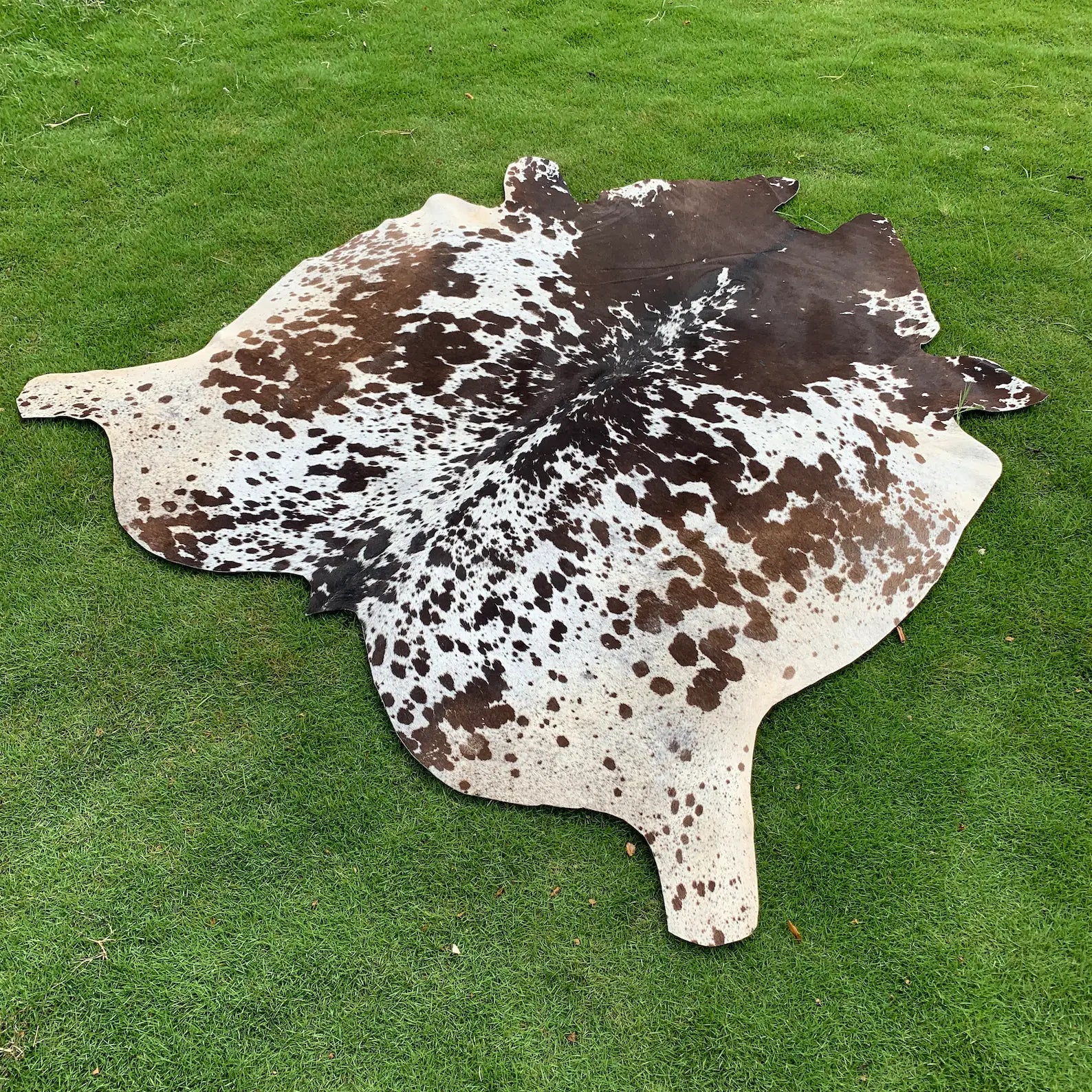 Amazing Tricolor Cowhide Rug | Tricolor Cow Rug | Tricolor brown and white leather rug