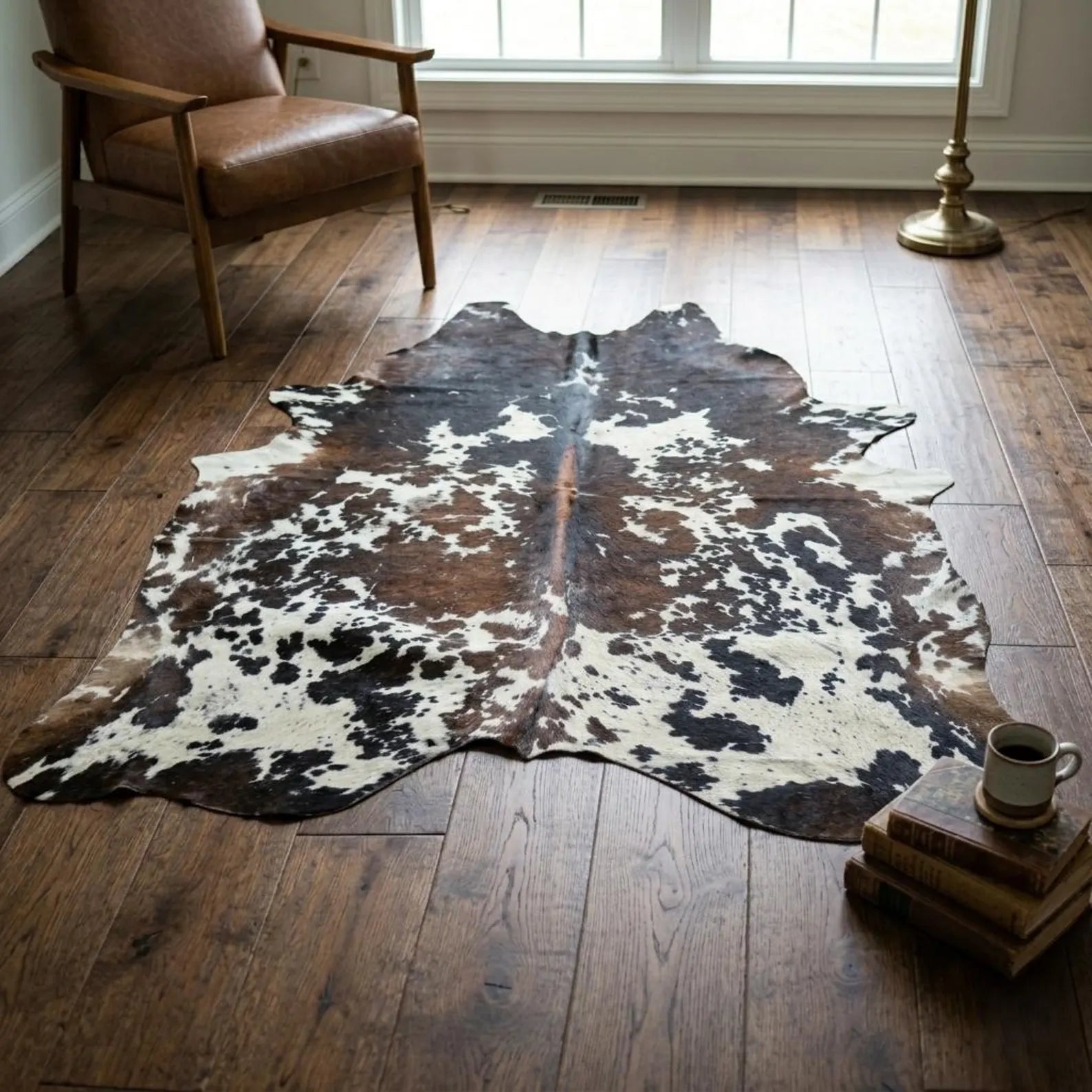 Tricolor Genuine Cowhide Rug in Pakistan | Premium Brown Black & White Cow Skin Rug | Natural Cow Hide Rugs