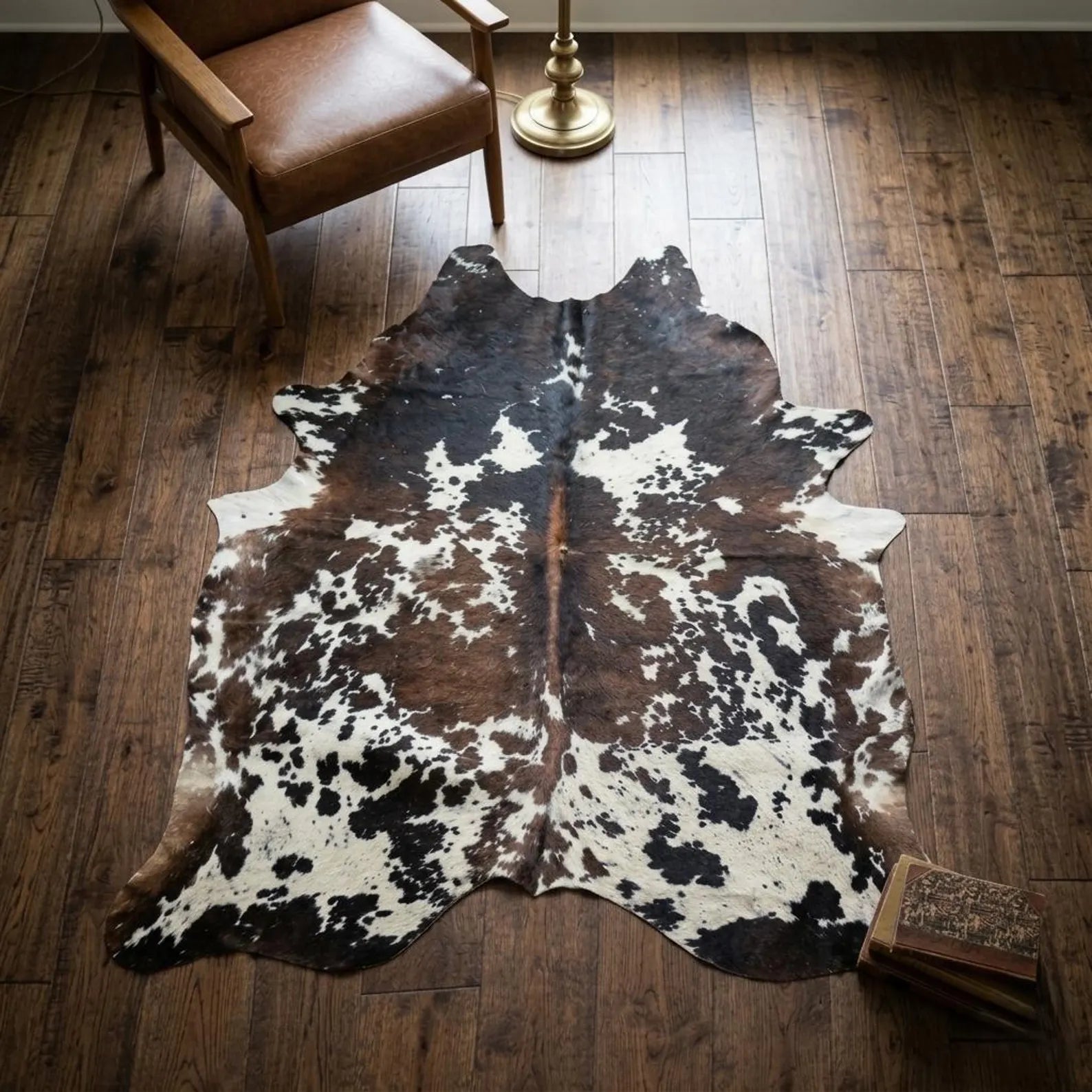 Tricolor Genuine Cowhide Rug in Pakistan | Premium Brown Black & White Cow Skin Rug | Natural Cow Hide Rugs