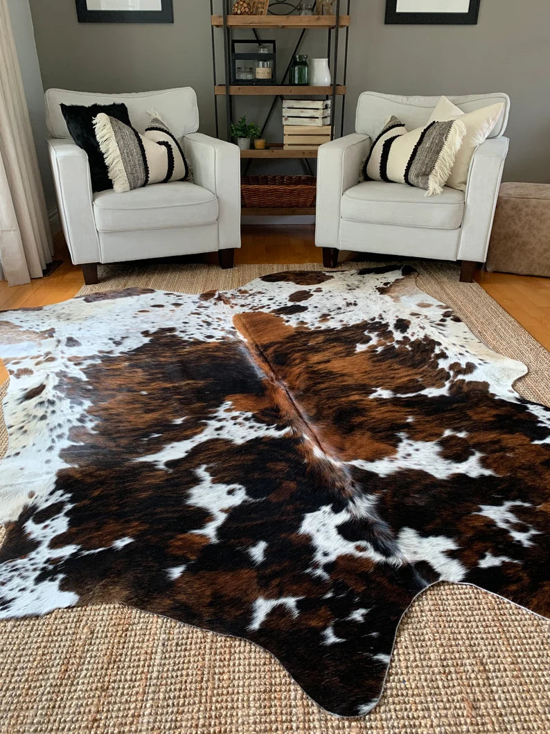 Premium Dark Brown Tricolor Genuine Cowhide Rug Price in Pakistan | Natural Cow Skin Leather Carpet