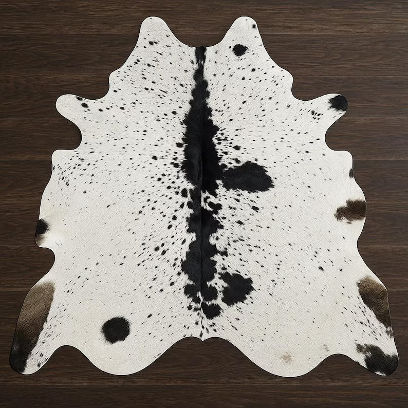 Premium White & Black Speckled Genuine Cowhide Rug | 100% Natural Cow Skin Leather Carpet for Luxury Home Décor