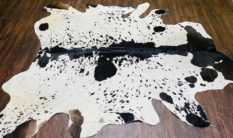 Premium White & Black Speckled Genuine Cowhide Rug | 100% Natural Cow Skin Leather Carpet for Luxury Home Décor