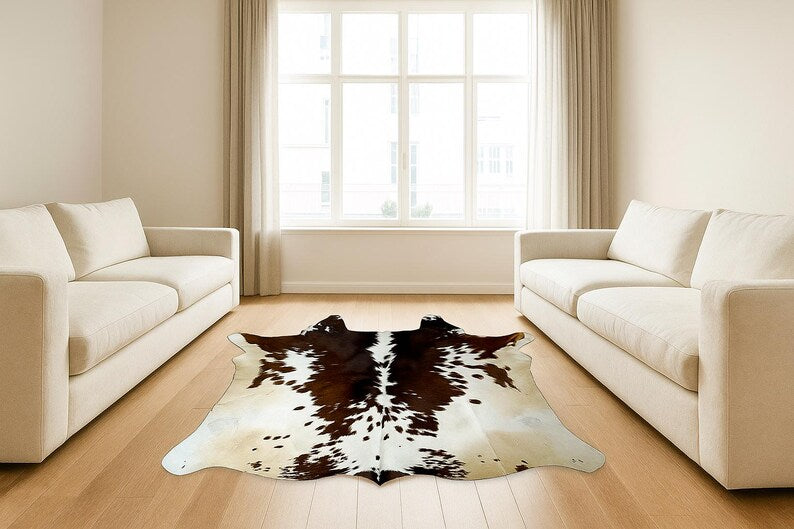 Natural Brown & White Genuine Cowhide Rug | Authentic Hair-On Cow Skin Leather Area Rug