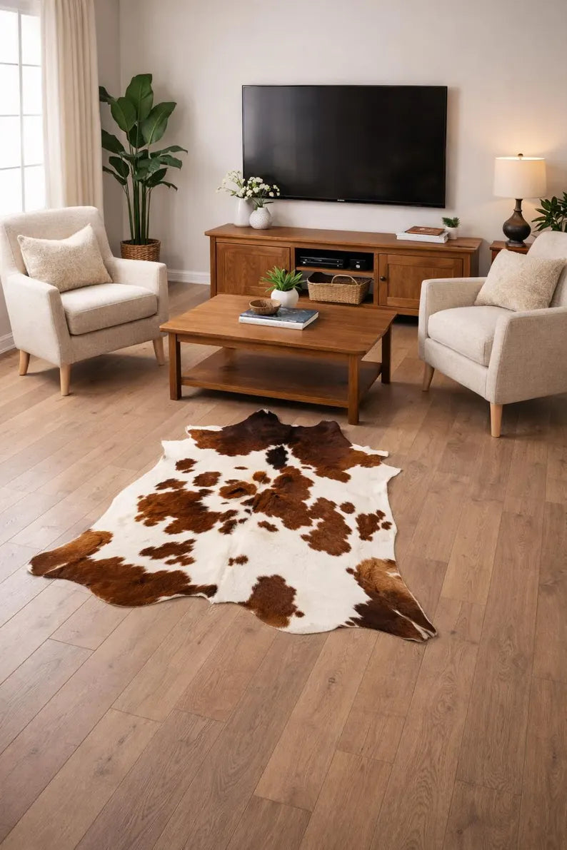 Luxury Brown & White Genuine Cowhide Rug | Authentic Natural Cow Skin Carpet