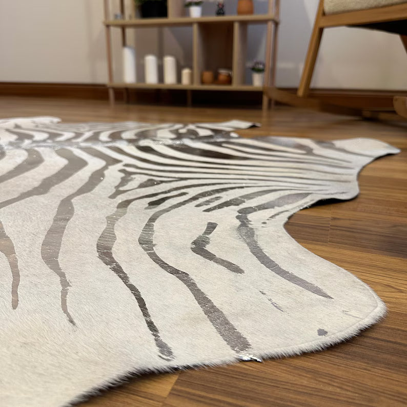 Luxury Zebra Print Cowhide Rug – Metallic Silver on Beige Cow Skin Rug | Cowhide Rugs Price in Pakistan