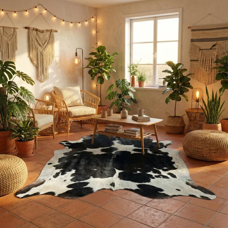 Premium Black & White Cowhide Rug – Genuine Natural Cow Skin Area Rug for Boho, Modern & Luxury Home Décor