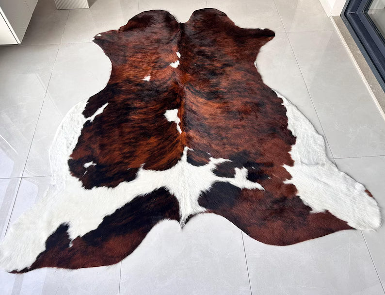 Premium Dark Brown & White Cow Hide Rug | Genuine Tricolor Cowhide Rug | Cow Hide Rug Price in Pakistan | Natural Cow Skin Carpet