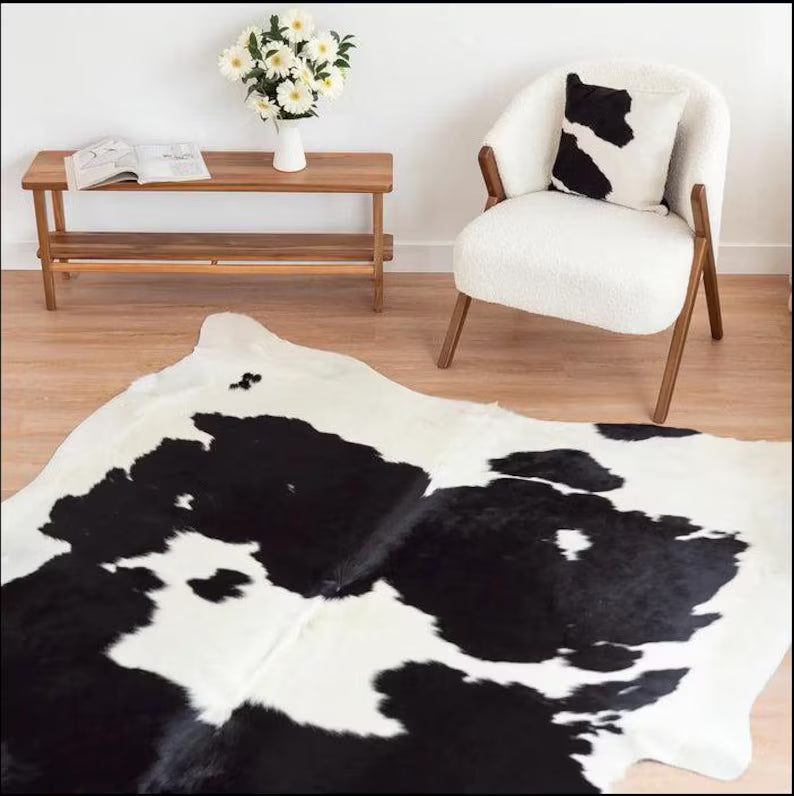 Premium Black & White Genuine Cowhide Rug | 100% Natural Cow Skin Leather Carpet