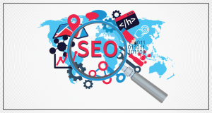 Illustration of SEO concept with magnifying glass, gear, location pins, and digital icons representing global search optimization